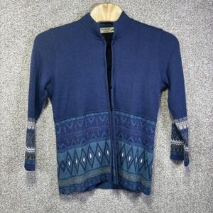 Peruvian Link Sweater Womens TX Blue Alpaca Geometric Knit Button Cardigan